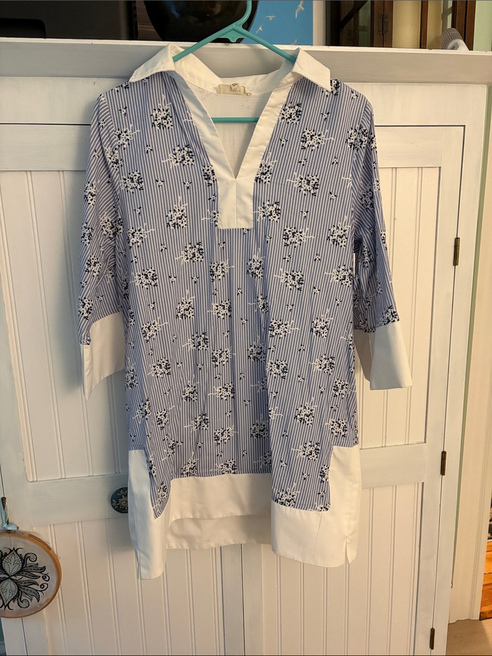 entro Blue and White Striped Floral Popover Dress